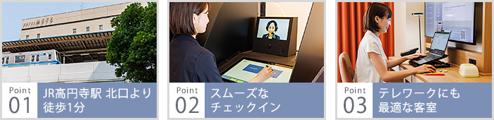 JR高円寺駅北口から徒歩1分の好立地、スムーズなチェックイン、テレワークにも最適な客室